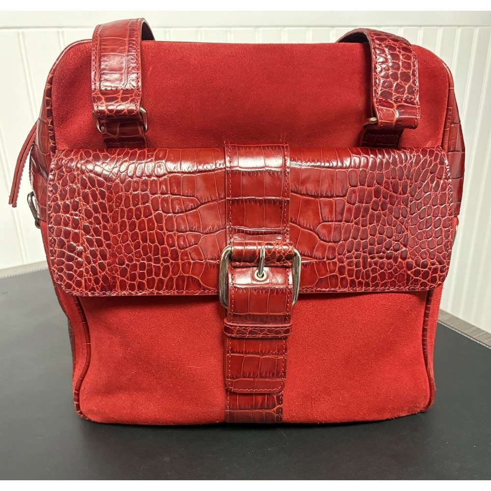 Levenger‎ Suede Leather Shoulder Bag Tote Buckle Red Square Croc Top Zip Purse